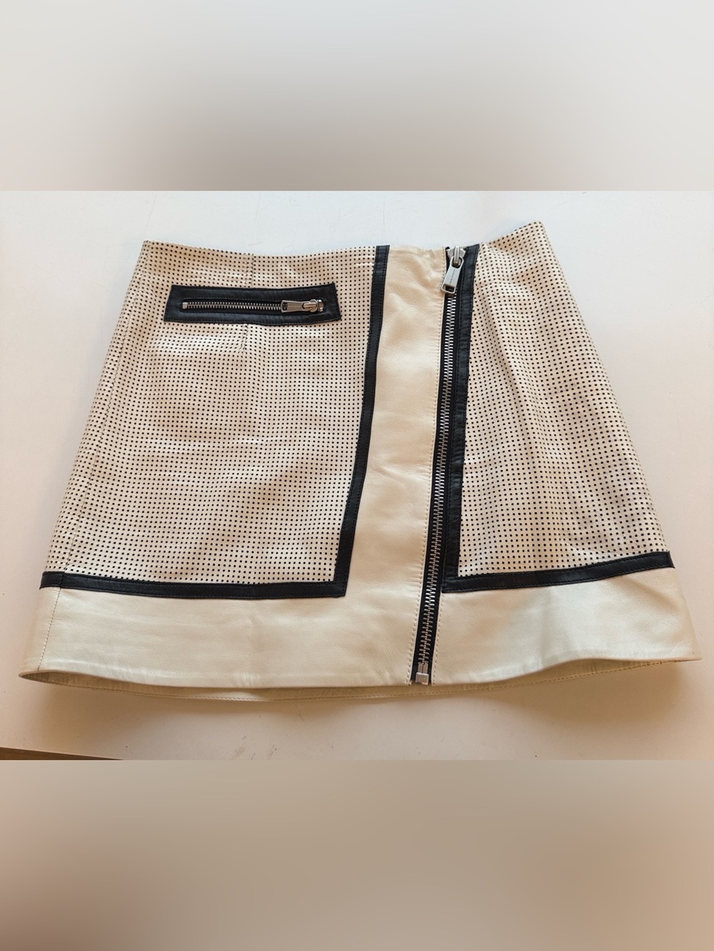 Beige and Black A-Line Andrew Marc  Perforated Leather Skirt with Zip Detail